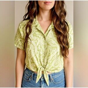Joie Green Paisley short sleeve floral casual Tie Front Top women collaredMedium